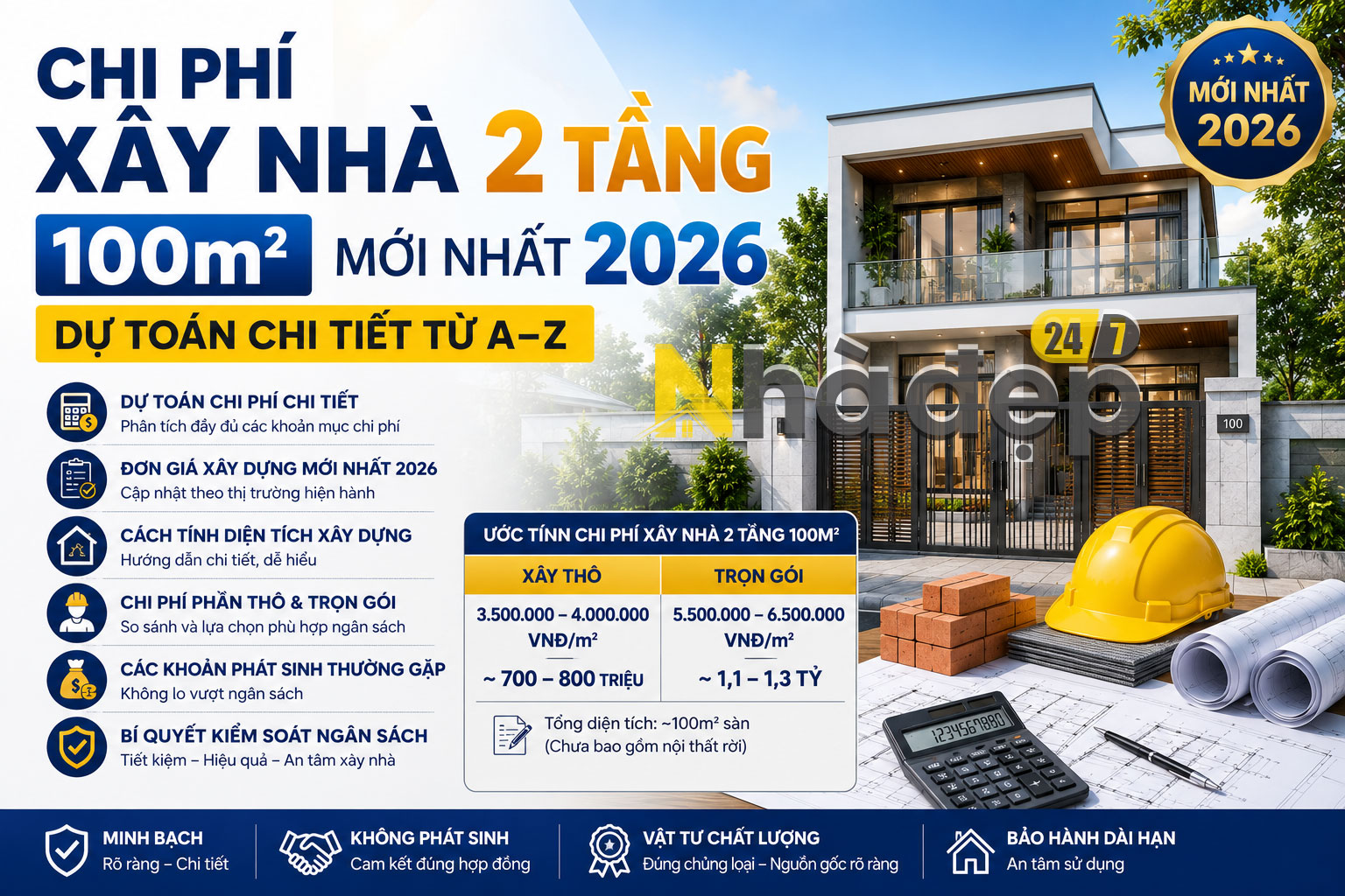 Chi phí xây nhà 2 tầng 100m2 năm 2026 - Dự toán chi tiết