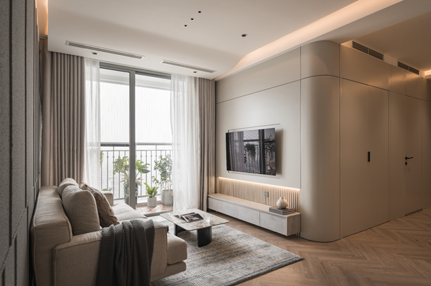 Ngôn ngữ kiến trúc của căn hộ được xây dựng trên nền tảng của sự tiết chế tối đa các chi tiết trang trí